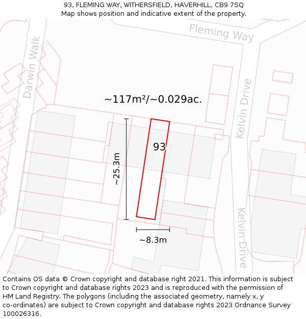 93, FLEMING WAY, WITHERSFIELD, HAVERHILL, CB9 7SQ: Plot and title map