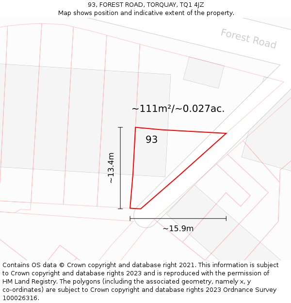 93, FOREST ROAD, TORQUAY, TQ1 4JZ: Plot and title map
