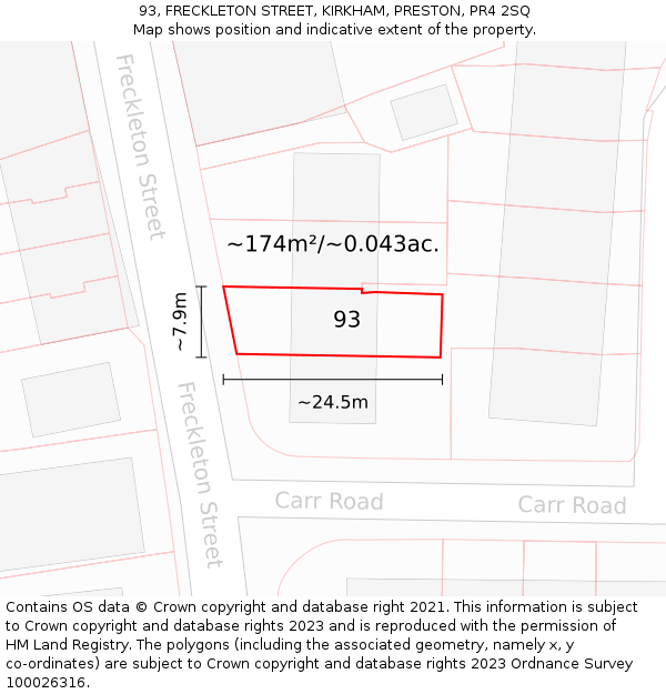 93, FRECKLETON STREET, KIRKHAM, PRESTON, PR4 2SQ: Plot and title map