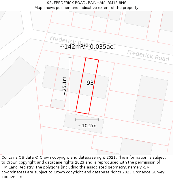 93, FREDERICK ROAD, RAINHAM, RM13 8NS: Plot and title map