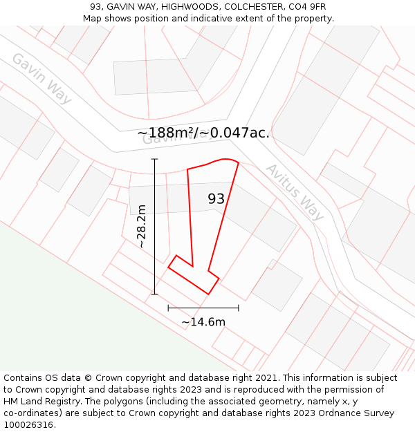 93, GAVIN WAY, HIGHWOODS, COLCHESTER, CO4 9FR: Plot and title map