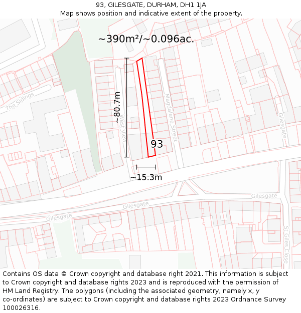 93, GILESGATE, DURHAM, DH1 1JA: Plot and title map