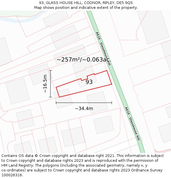 93, GLASS HOUSE HILL, CODNOR, RIPLEY, DE5 9QS: Plot and title map