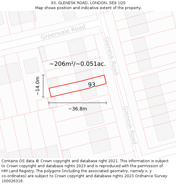 93, GLENESK ROAD, LONDON, SE9 1QS: Plot and title map