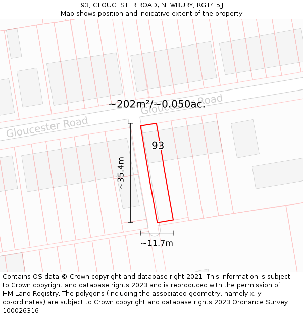 93, GLOUCESTER ROAD, NEWBURY, RG14 5JJ: Plot and title map