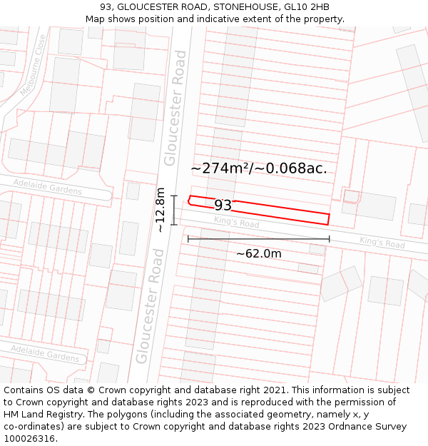 93, GLOUCESTER ROAD, STONEHOUSE, GL10 2HB: Plot and title map