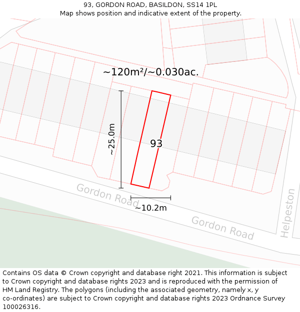 93, GORDON ROAD, BASILDON, SS14 1PL: Plot and title map