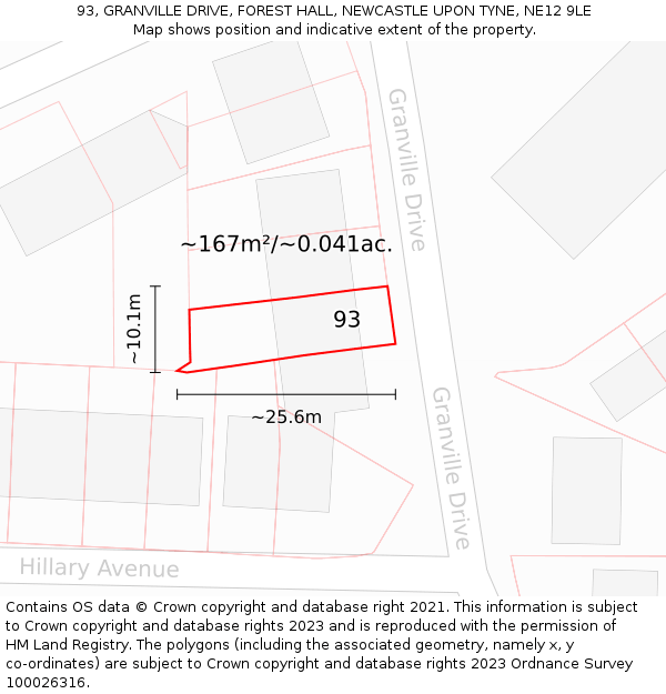 93, GRANVILLE DRIVE, FOREST HALL, NEWCASTLE UPON TYNE, NE12 9LE: Plot and title map