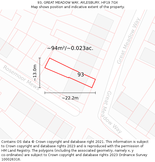 93, GREAT MEADOW WAY, AYLESBURY, HP19 7GX: Plot and title map