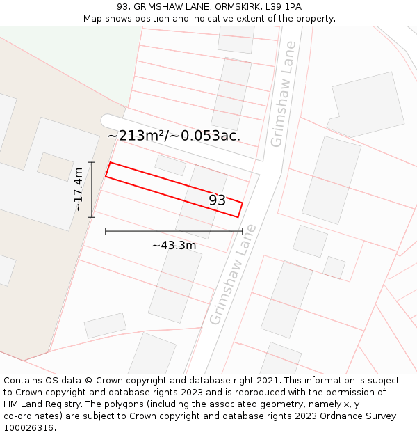 93, GRIMSHAW LANE, ORMSKIRK, L39 1PA: Plot and title map