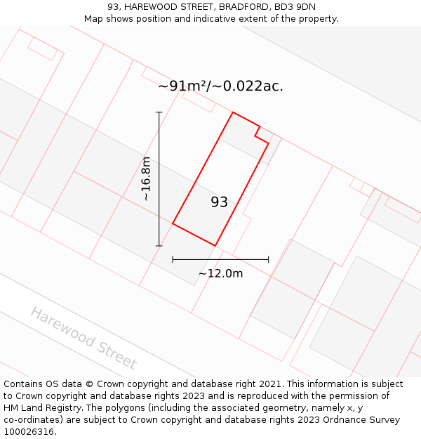93, HAREWOOD STREET, BRADFORD, BD3 9DN: Plot and title map