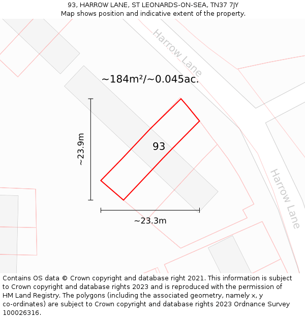 93, HARROW LANE, ST LEONARDS-ON-SEA, TN37 7JY: Plot and title map