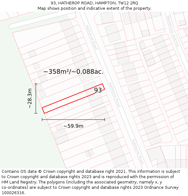 93, HATHEROP ROAD, HAMPTON, TW12 2RQ: Plot and title map