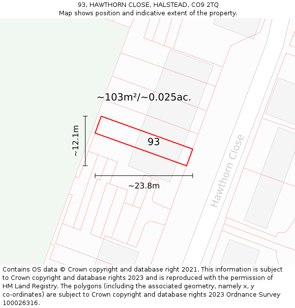 93, HAWTHORN CLOSE, HALSTEAD, CO9 2TQ: Plot and title map
