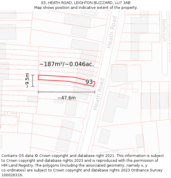 93, HEATH ROAD, LEIGHTON BUZZARD, LU7 3AB: Plot and title map