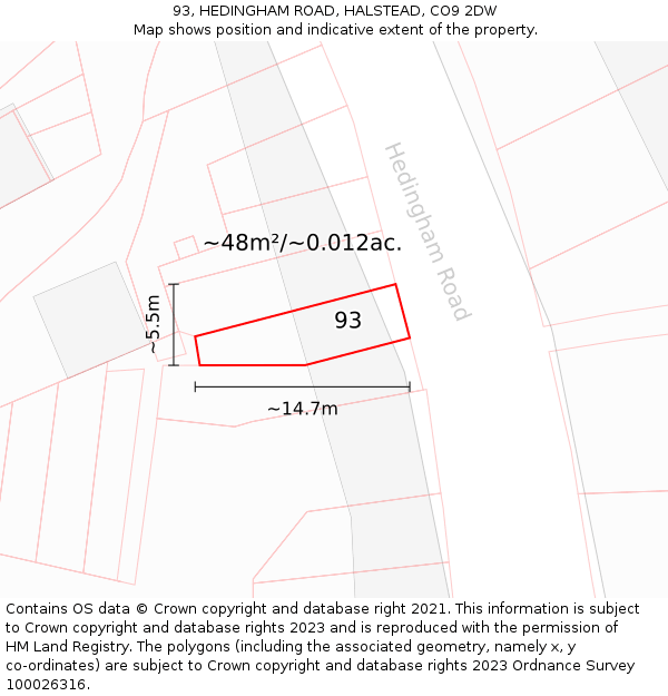 93, HEDINGHAM ROAD, HALSTEAD, CO9 2DW: Plot and title map