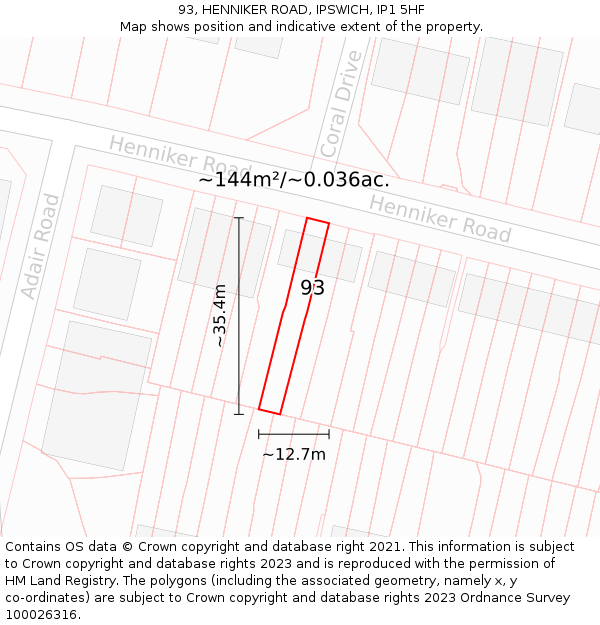 93, HENNIKER ROAD, IPSWICH, IP1 5HF: Plot and title map