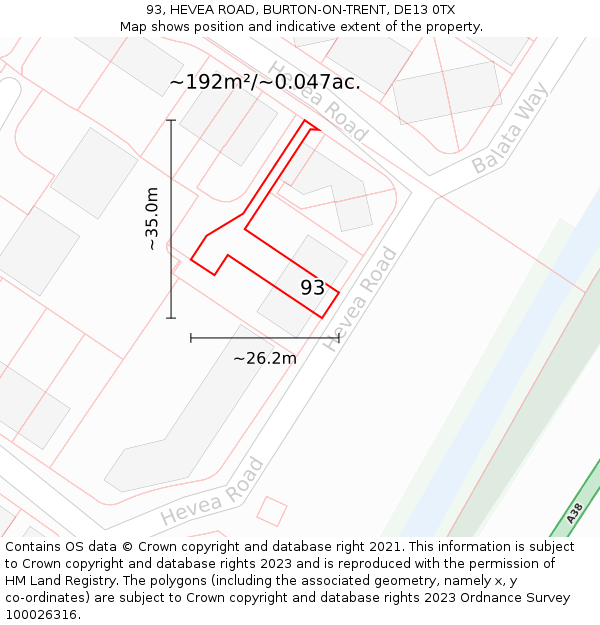 93, HEVEA ROAD, BURTON-ON-TRENT, DE13 0TX: Plot and title map