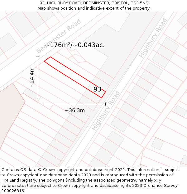 93, HIGHBURY ROAD, BEDMINSTER, BRISTOL, BS3 5NS: Plot and title map