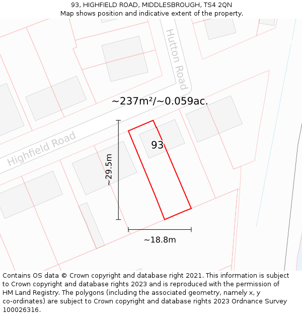 93, HIGHFIELD ROAD, MIDDLESBROUGH, TS4 2QN: Plot and title map