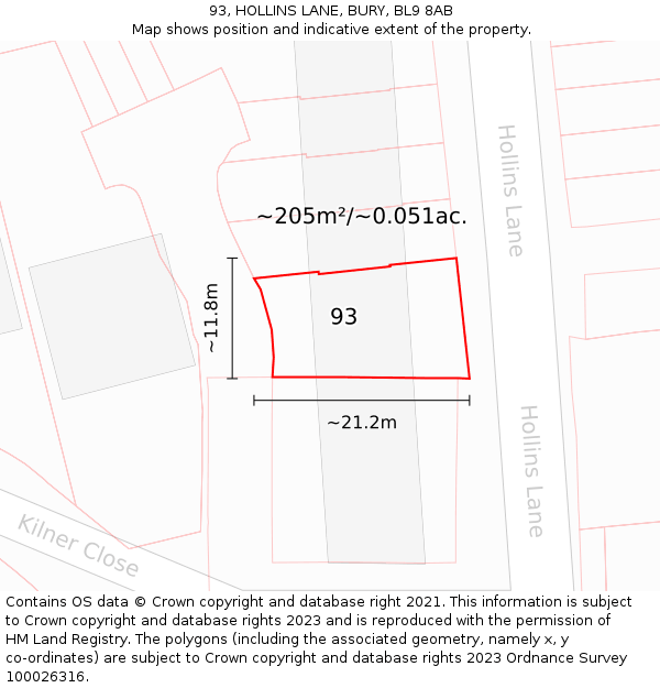 93, HOLLINS LANE, BURY, BL9 8AB: Plot and title map