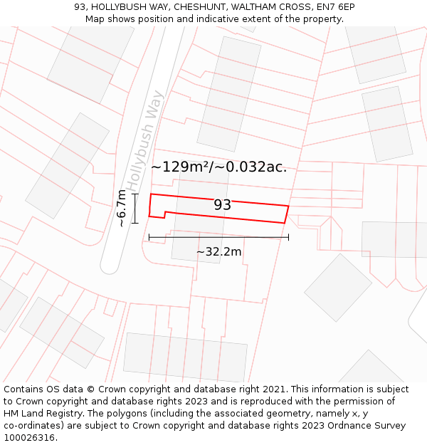 93, HOLLYBUSH WAY, CHESHUNT, WALTHAM CROSS, EN7 6EP: Plot and title map
