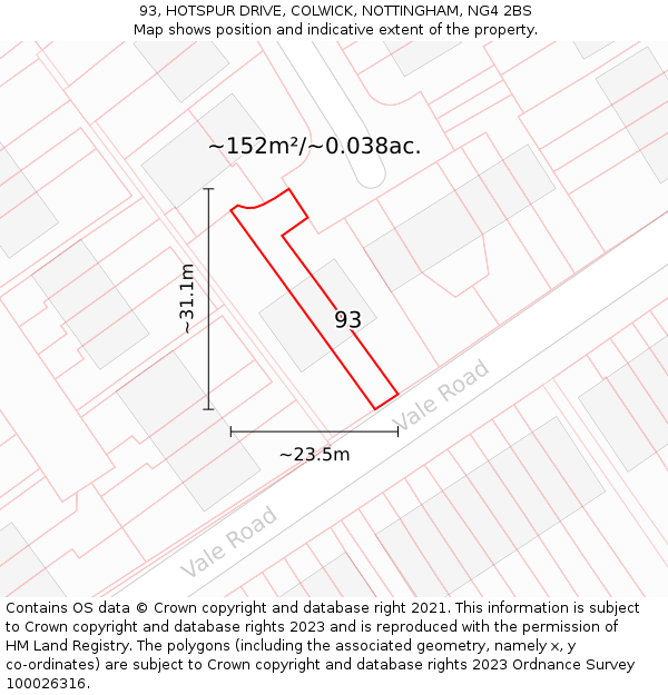 93, HOTSPUR DRIVE, COLWICK, NOTTINGHAM, NG4 2BS: Plot and title map