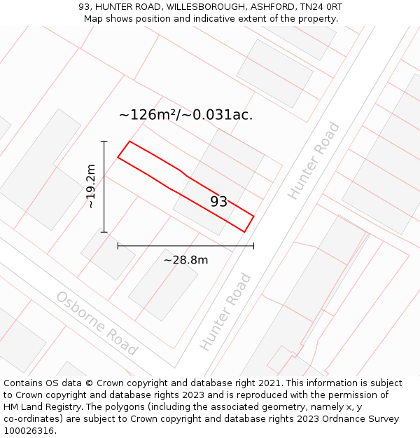 93, HUNTER ROAD, WILLESBOROUGH, ASHFORD, TN24 0RT: Plot and title map