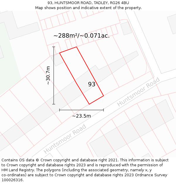 93, HUNTSMOOR ROAD, TADLEY, RG26 4BU: Plot and title map