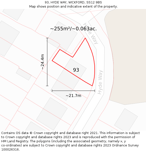 93, HYDE WAY, WICKFORD, SS12 9BS: Plot and title map