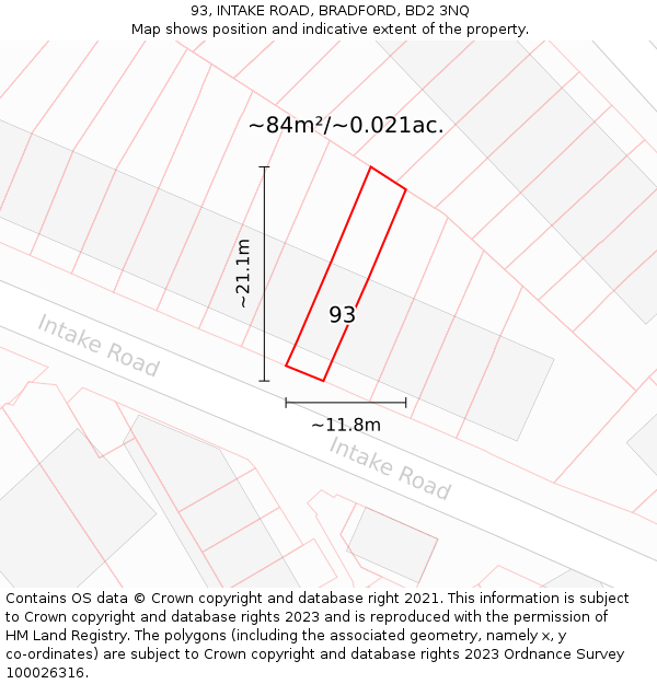 93, INTAKE ROAD, BRADFORD, BD2 3NQ: Plot and title map