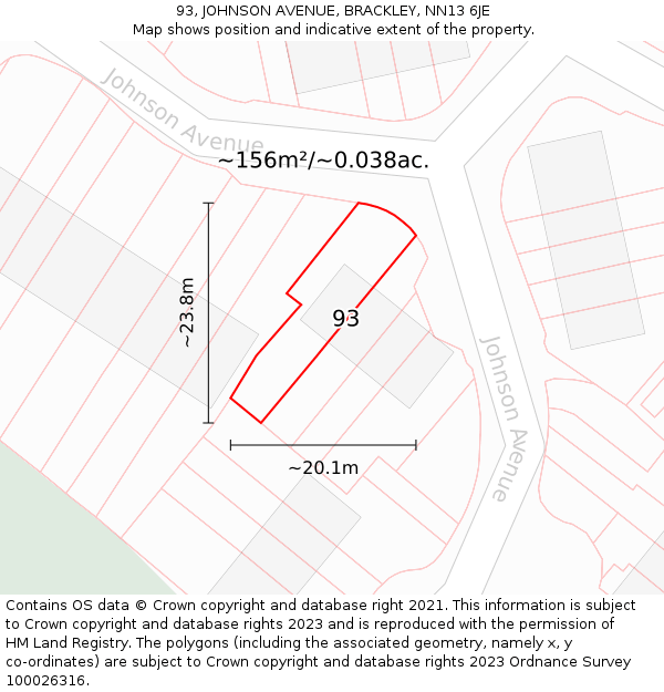 93, JOHNSON AVENUE, BRACKLEY, NN13 6JE: Plot and title map