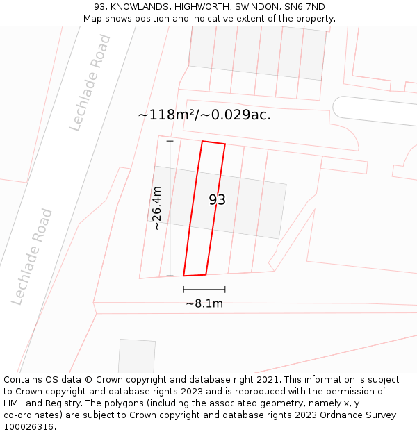 93, KNOWLANDS, HIGHWORTH, SWINDON, SN6 7ND: Plot and title map