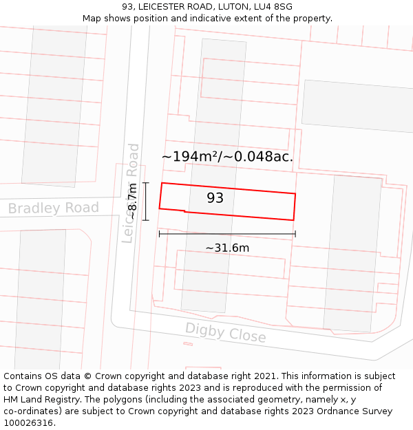 93, LEICESTER ROAD, LUTON, LU4 8SG: Plot and title map