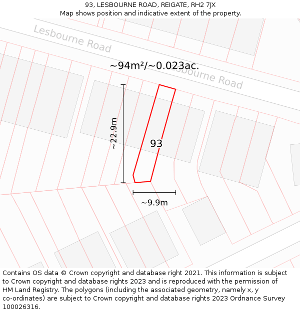 93, LESBOURNE ROAD, REIGATE, RH2 7JX: Plot and title map