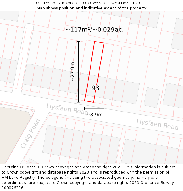 93, LLYSFAEN ROAD, OLD COLWYN, COLWYN BAY, LL29 9HL: Plot and title map