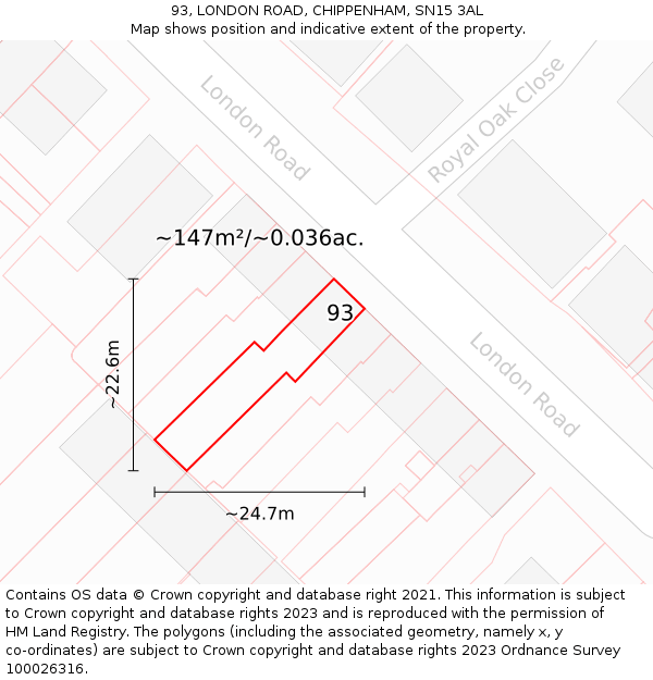 93, LONDON ROAD, CHIPPENHAM, SN15 3AL: Plot and title map
