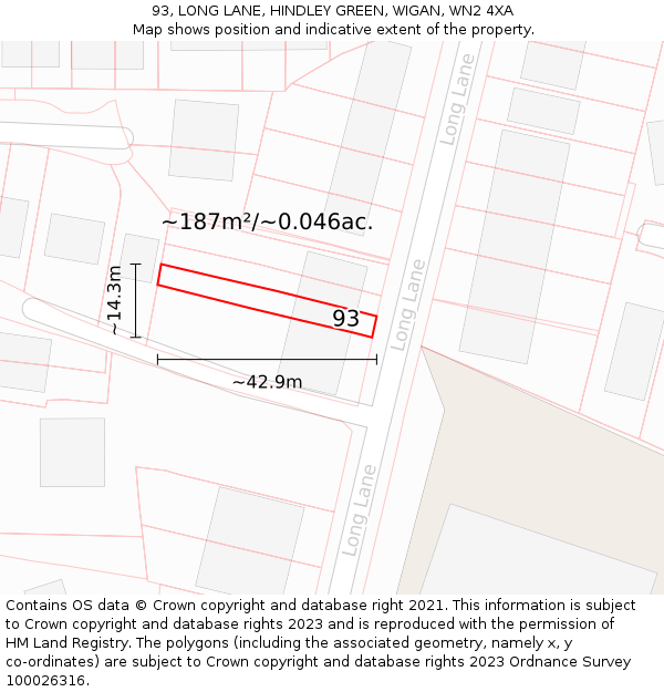 93, LONG LANE, HINDLEY GREEN, WIGAN, WN2 4XA: Plot and title map