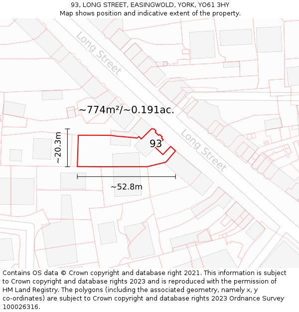 93, LONG STREET, EASINGWOLD, YORK, YO61 3HY: Plot and title map
