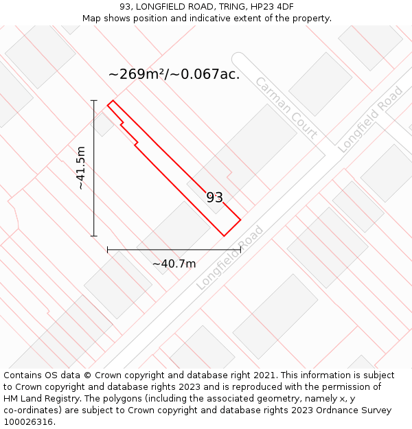 93, LONGFIELD ROAD, TRING, HP23 4DF: Plot and title map