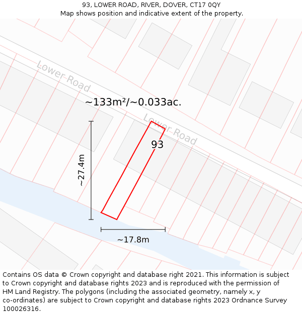 93, LOWER ROAD, RIVER, DOVER, CT17 0QY: Plot and title map