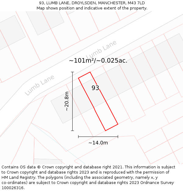 93, LUMB LANE, DROYLSDEN, MANCHESTER, M43 7LD: Plot and title map