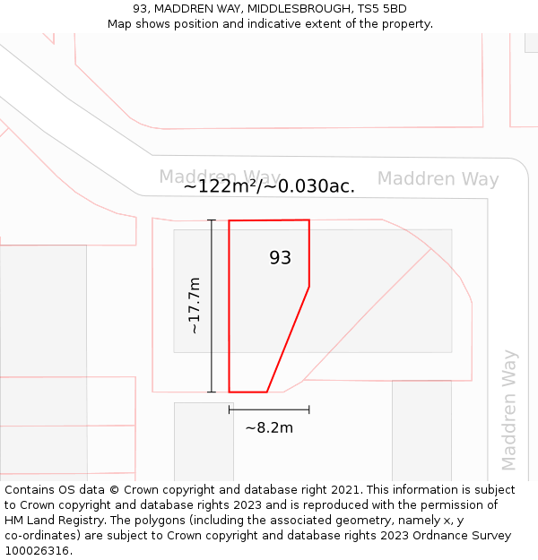 93, MADDREN WAY, MIDDLESBROUGH, TS5 5BD: Plot and title map