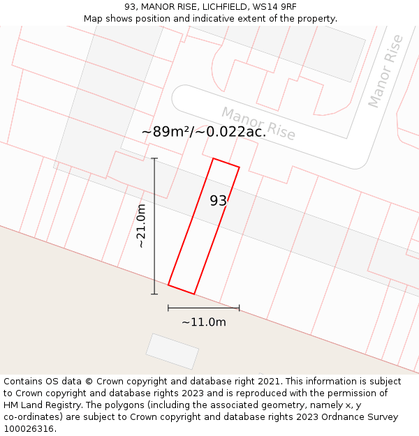 93, MANOR RISE, LICHFIELD, WS14 9RF: Plot and title map