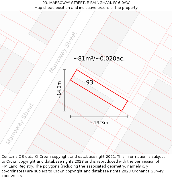 93, MARROWAY STREET, BIRMINGHAM, B16 0AW: Plot and title map