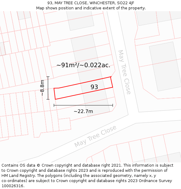 93, MAY TREE CLOSE, WINCHESTER, SO22 4JF: Plot and title map