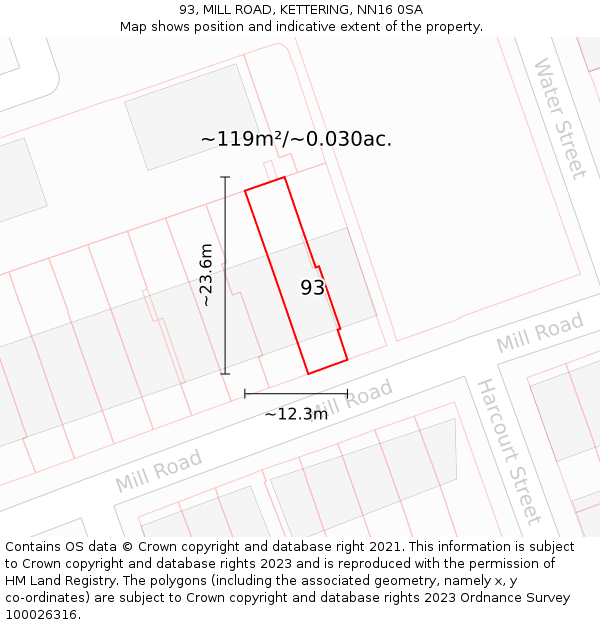 93, MILL ROAD, KETTERING, NN16 0SA: Plot and title map