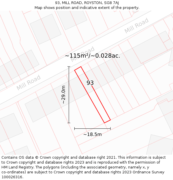 93, MILL ROAD, ROYSTON, SG8 7AJ: Plot and title map