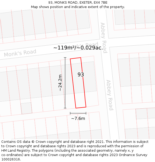 93, MONKS ROAD, EXETER, EX4 7BE: Plot and title map