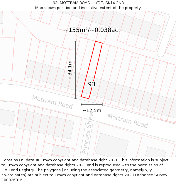 93, MOTTRAM ROAD, HYDE, SK14 2NR: Plot and title map
